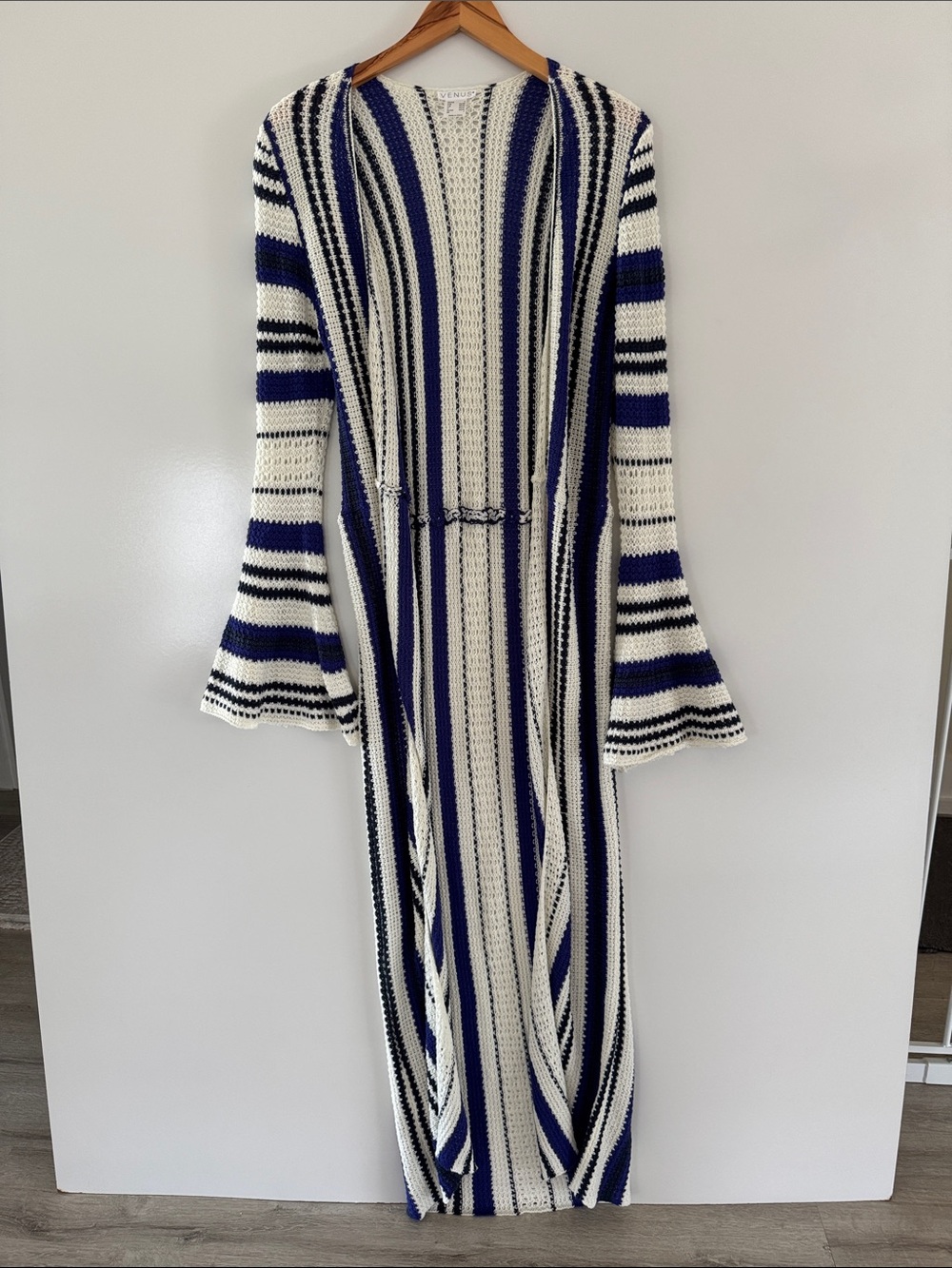 Venus Stripe Duster Long Cardigan Women’s Small Crochet Navy Blue